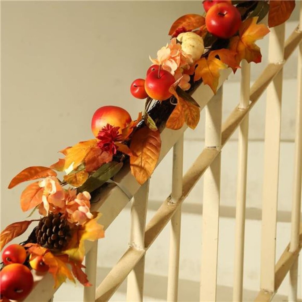 New Fall Garland with Pumpkins, Artificial Maple Leaves, Pinecones, Apples &